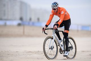 Dutch cyclist Mathieu Van Der Poel rides on a beach during a track reconnaissance and training session ahead of the world championships cyclocross cycling in Oostende on January 28 2021 The worlds are taking place on January 30 and 31 Photo by DAVID STOCKMAN Belga AFP Belgium OUT Photo by DAVID STOCKMANBelgaAFP via Getty Images