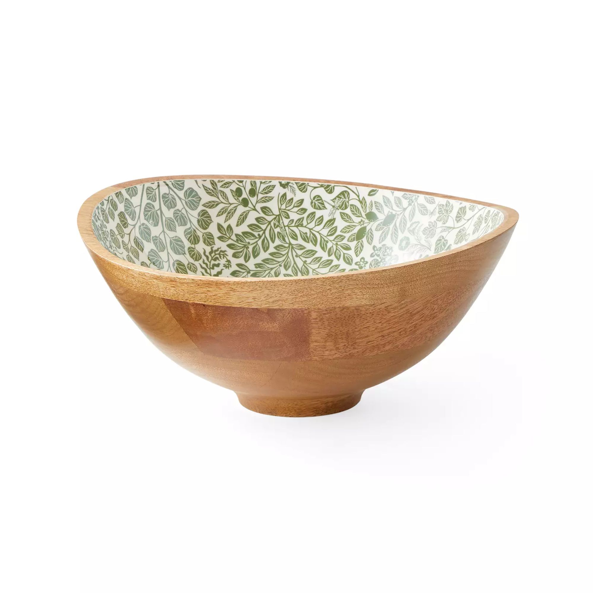Wood serving bowl with botanical enamel interior