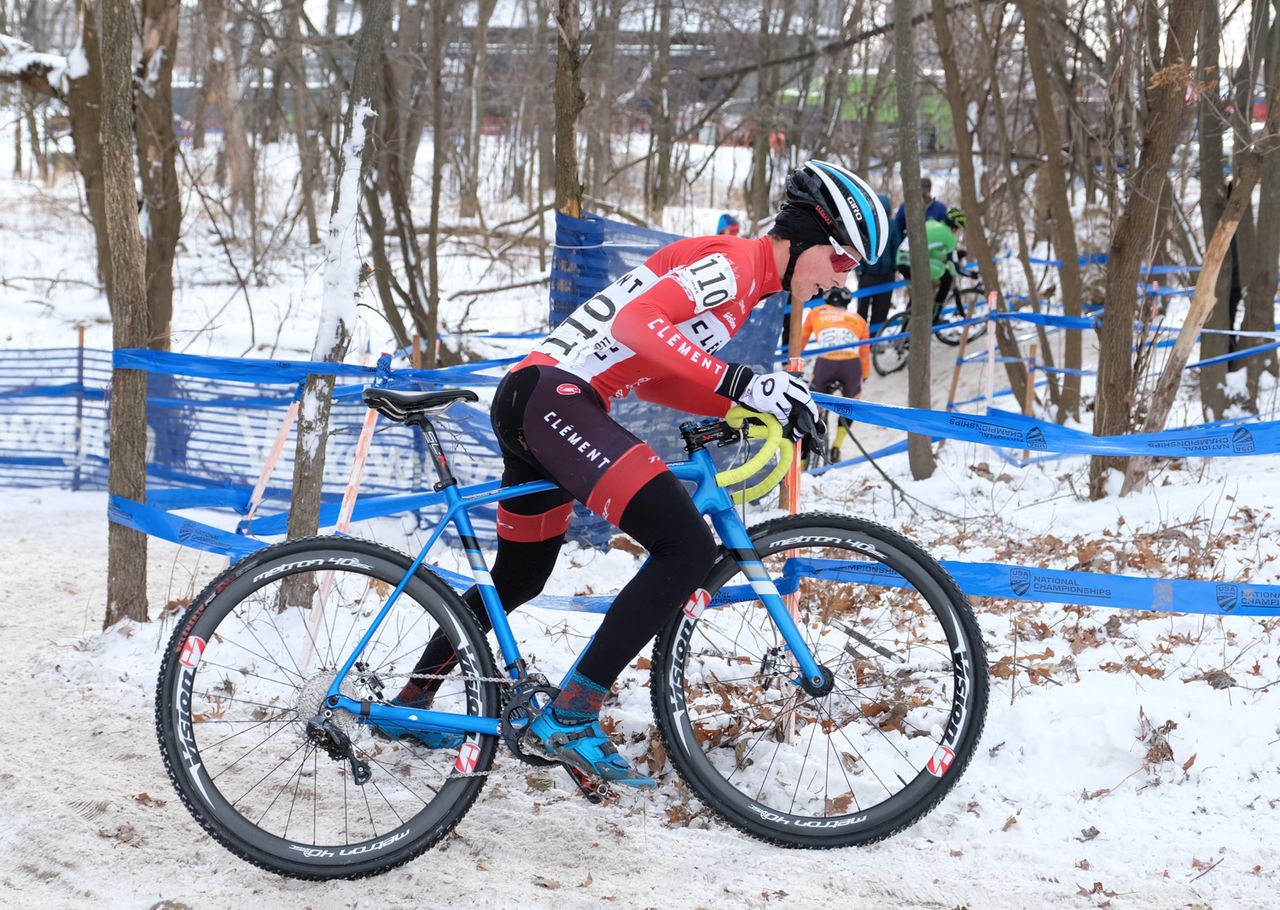 Lance Haidet (Raleigh Clement) having to put a foot down on a slippery U-turn in the course