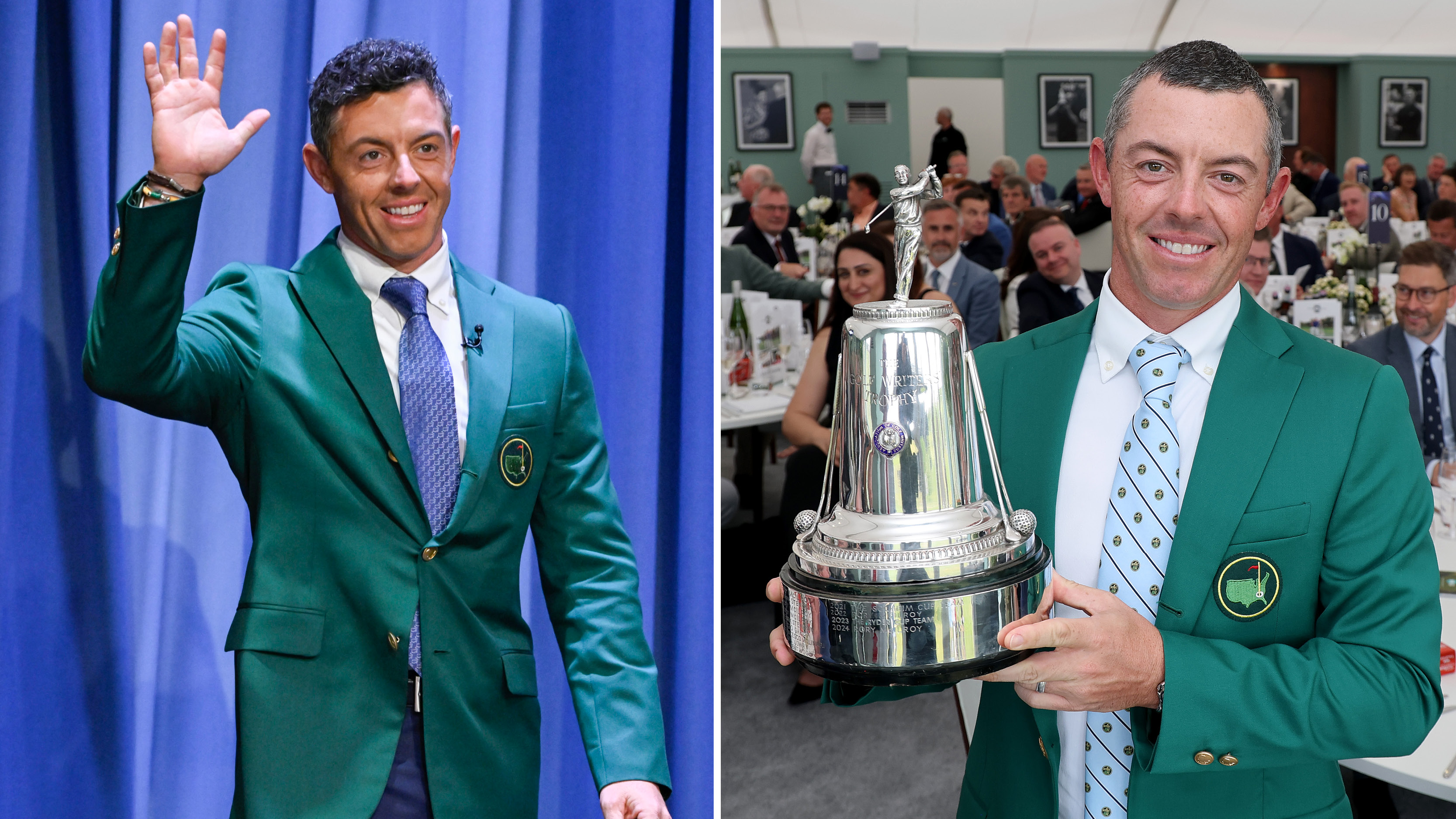 Rory McIlroy waving to the crowd wearing his Green Jacket on the Tonight Show and holding the AGW trophy at the AGW dinner in his Green Jacket prior to The Open