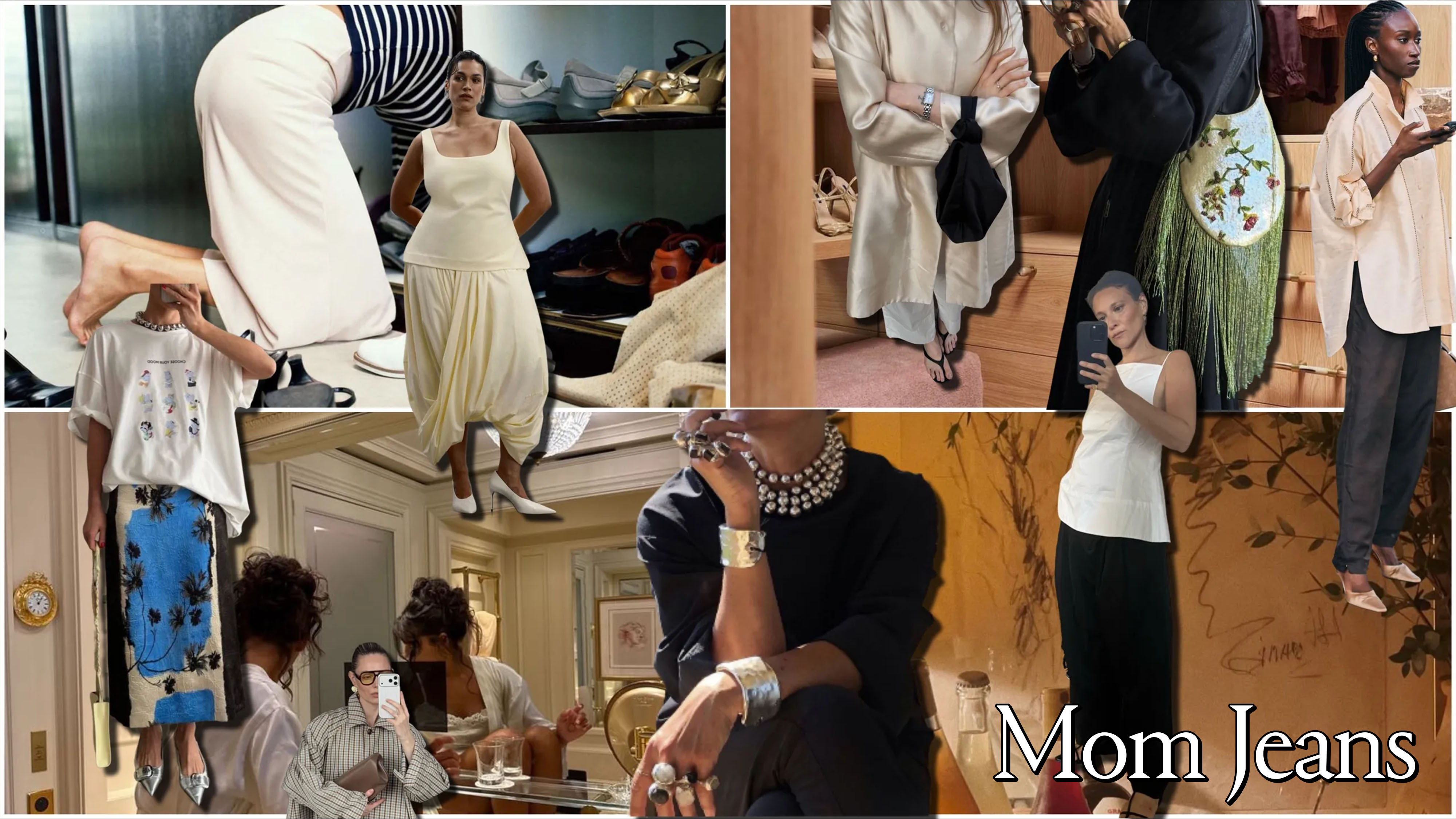 Collage of going-out outfits featuring draped dresses, oversized shirts, statement skirts, relaxed trousers, silver jewelry, and heels.