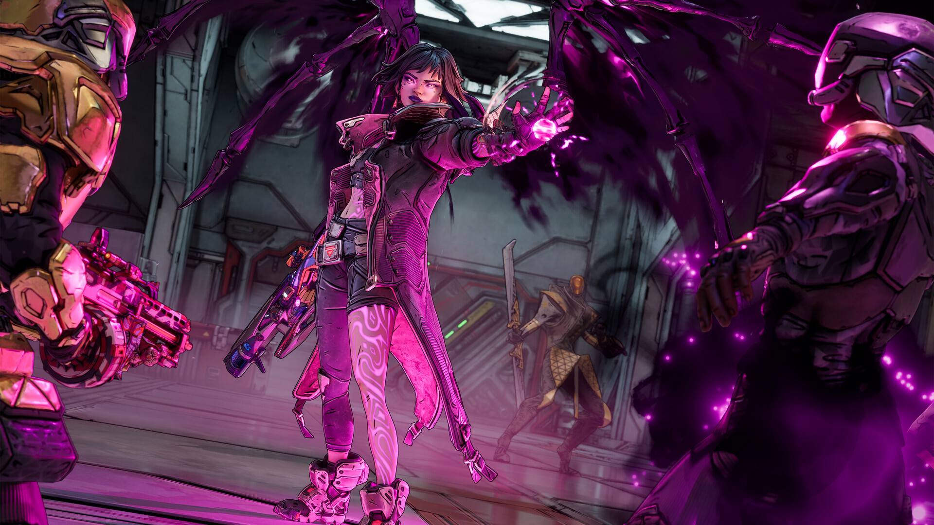 A stylized sci-fi scene from a Borderlands game showing a central female character wielding dark purple energy with mechanical wings forming behind her. She stands confidently between two armored enemies aiming weapons at her, with another figure in the background holding a sword. 