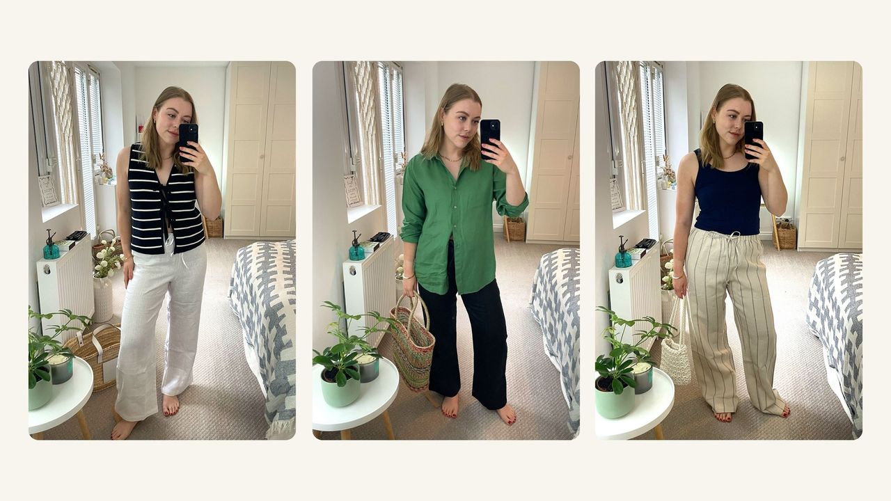 Three images of woman wearing linen trousers