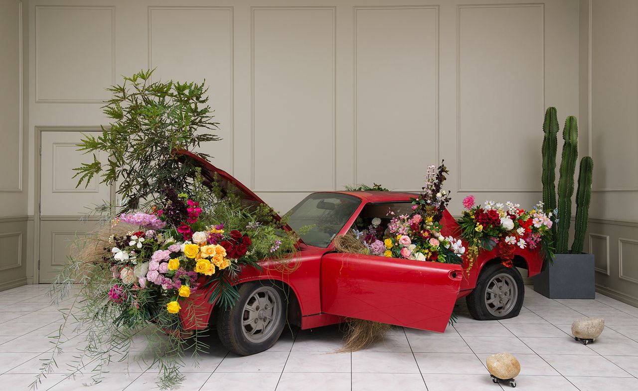 a car filled with flowers