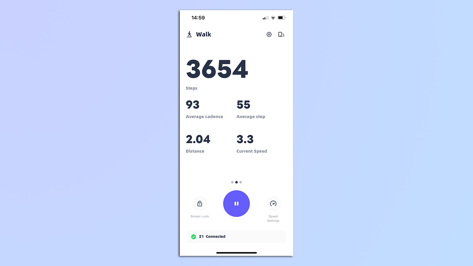 A screenshot from the KS Fit app showing the metrics displayed for the WalkingPad Z1.