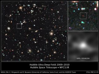 These images zoom into the Hubble telescope's HUDF WFC3/IR image around the galaxy UDFj-39546284, which scientists say is 13.2 billion years old - the oldest, farthest galaxy yet discovered. This image was released on Jan. 26, 2010.