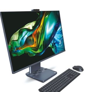 Sideview of Acer Aspire S32 All-In-One PC 31.5 in display with mouse and keyboard