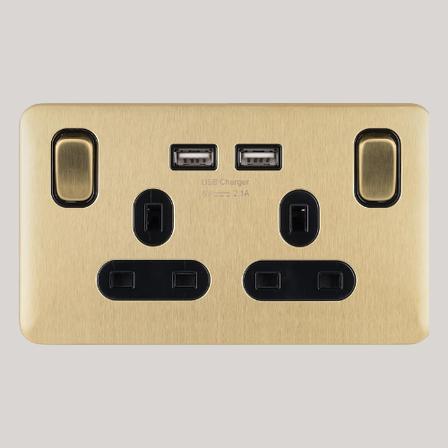 Schneider Electric Lisse Screwless Deco 2g 13a Sw so Sp W/ 2usb Bsb, Usb, Satin Brass, 2 Gangs