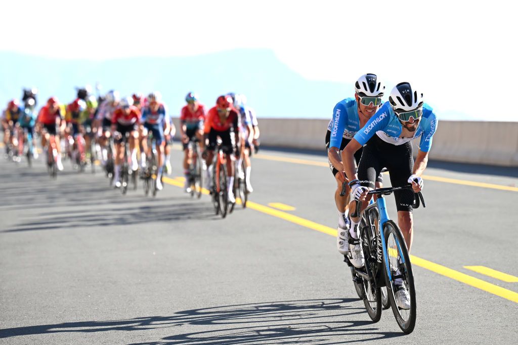JEBEL JAIS UNITED ARAB EMIRATES FEBRUARY 21 LR Stage winner Ben OConnor of Australia and Valentin ParetPeintre of France and Team DecathlonAG2R La Mondiale attack in the final climb during the 6th UAE Tour 2024 Stage 3 a 176km stage from Al Marjan Island Al Jazirah Al Hamra to Jebel Jais 1489m UCIWT on February 21 2024 in Jebel Jais United Arab Emirates Photo by Tim de WaeleGetty Images