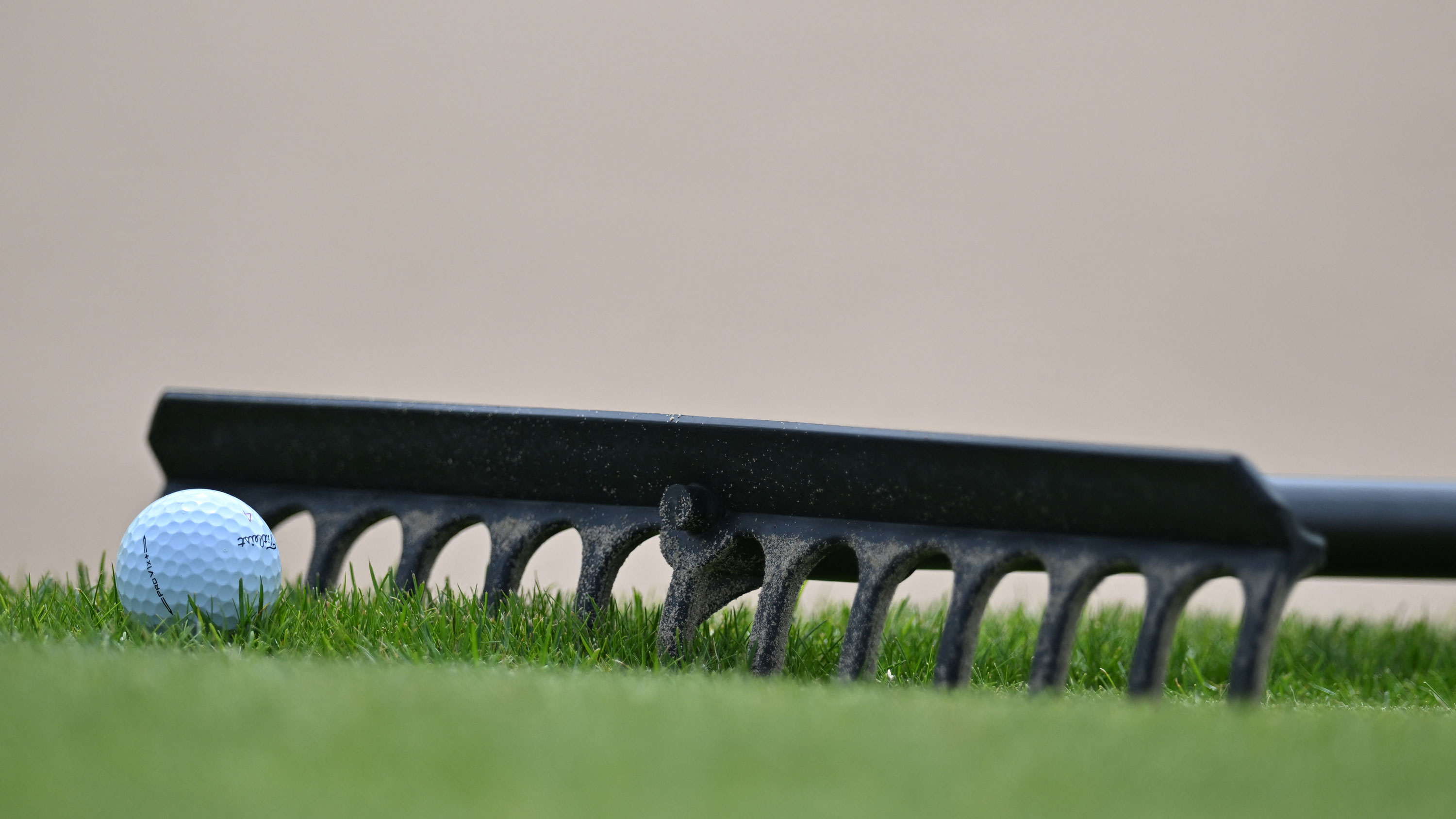 Ball resting against a rake