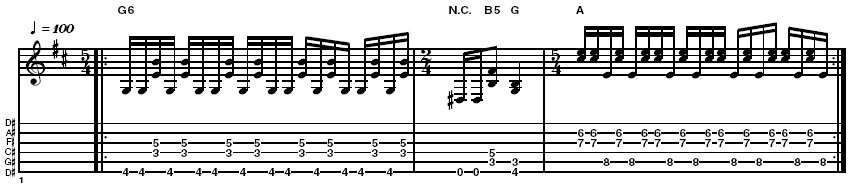 Example 1: This first riff uses fast downstrokes to get the required chunk and is phrased in groups of five across the bar in 5\4. Divided by a bar of 2/4, the riff then turns around and the pattern is reversed. Palm muting the low notes will help bring out the separation and give a tight, defined sound. It's a good idea to tap your foot along with the time signature change before you learn the riff, then try to memorise the pattern slowly before increasing speed.