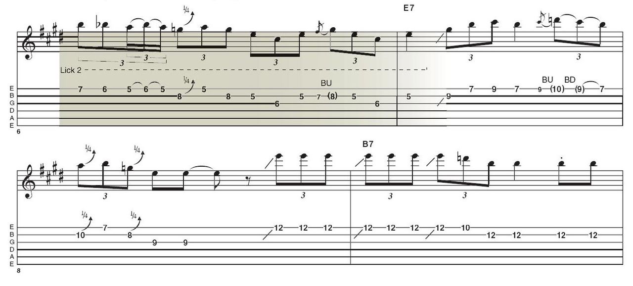 Lick 2: Here we find ourselves in the BB box - position five of the minor pentatonic scale. The semitone hammer-on and pull-off move highlights the b5 of the blues scale and is another move that Stevie Ray Vaughan also used.