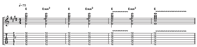 Example 6: Use your thumb to strike the strings from low to high (thick to thin). The slide should play all the notes at the 12th fret, with your first finger fretting behind the slide to add the sus2 at the 10th fret on the third string. &quot;When you start to get a feel for it [fretting behind the slide], start laying out these chords - just something really simple - and get used to holding [sustaining] it.&quot;