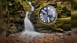 A Nikon mode dial in a roundel next to a long exposure of a waterfall