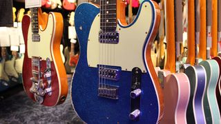 That's the Fender Double TV Jones Relic Telecaster in Blue Sparkle up there. We want one.
