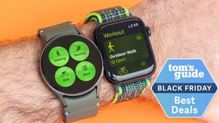 Samsung Galaxy Watch 7 next to an Apple Watch SE on a user&#039;s wrist in front of an orange background with a blue Black Friday deals badge in the corner