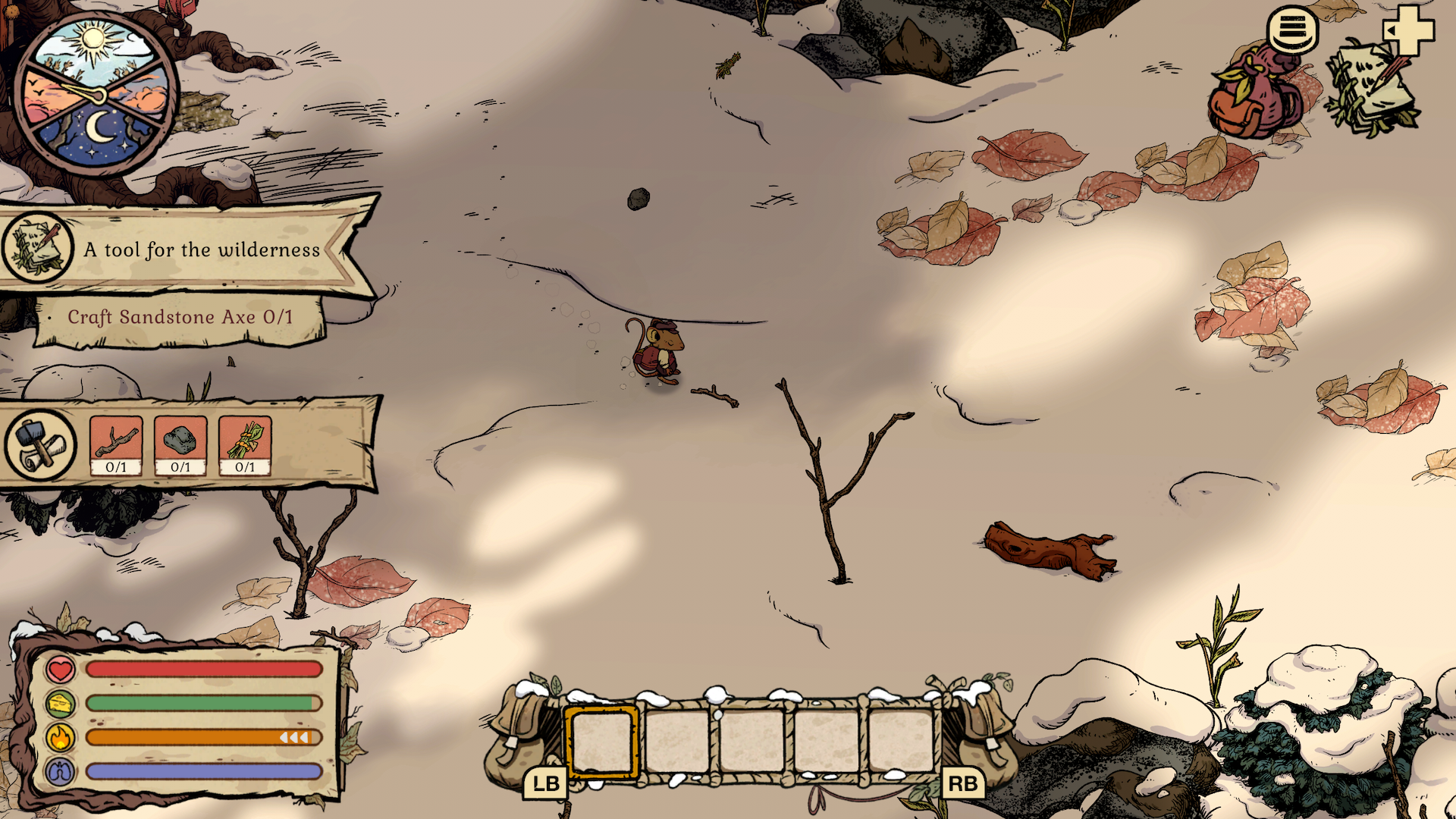 Winter Burrow screenshot showing the mouse collect twigs in the snowy woodland to craft an axe