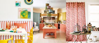 Three examples of, what color is coral? Bright, colorful dining area. Colorful kitchen with painted kitchen cabinets. Living space with coral print curtain.
