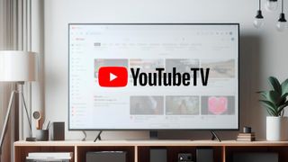 Wide screen television displaying youtube tv streaming service interface in a contemporary living room setting