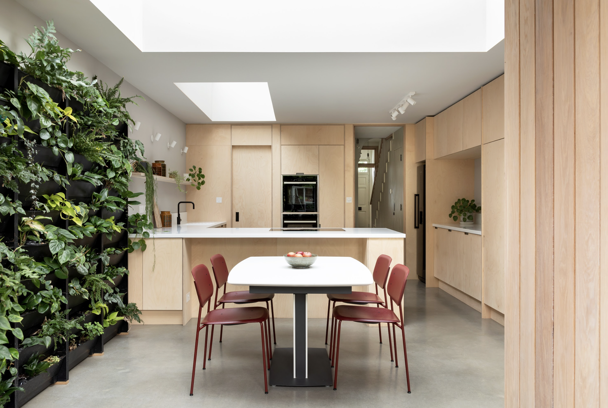 An L-shaped kitchen with a living green wall and plywood fittings, a dining table with red chairs
