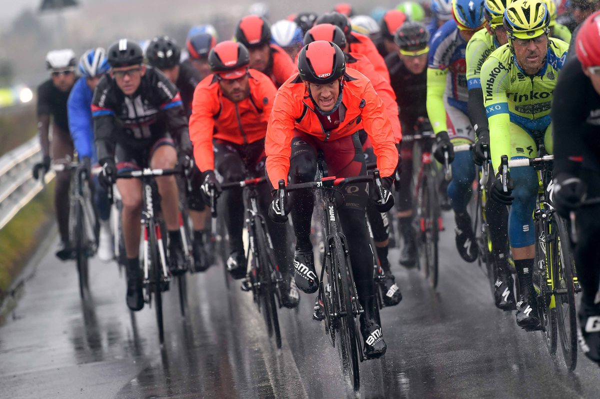 BMC and Tinkoff-Saxo were easy to spot in their bright coloured rain jackets