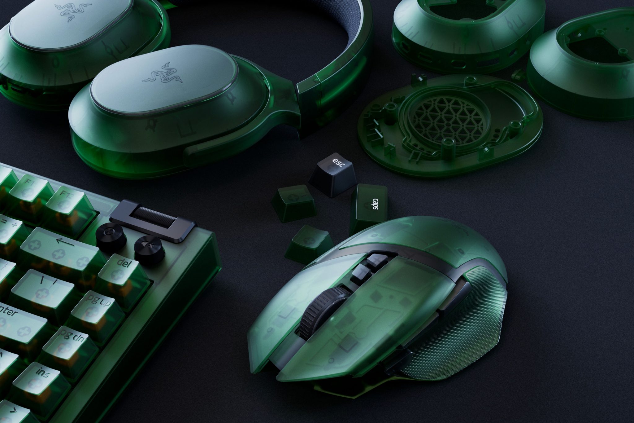 Razer's Phantom Collection gaming accessories laid out on a dark surface.