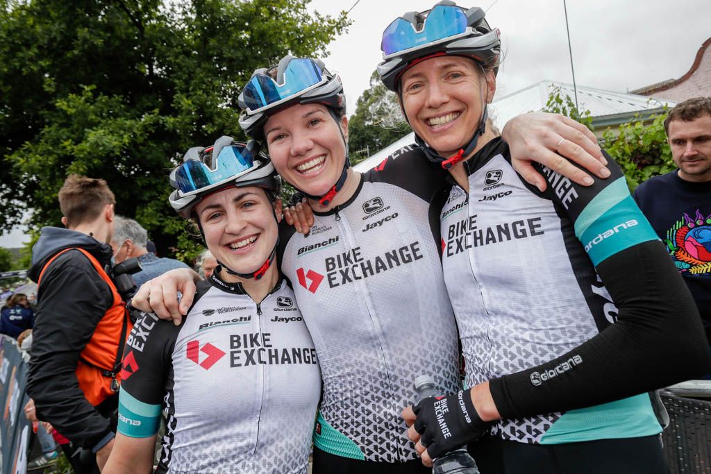 Sarah Roy (Team BikeExchange) with teammates Grace Brown and Lucy Kennedy after winning the elite women&#039;s road race at the Australian Road Championships