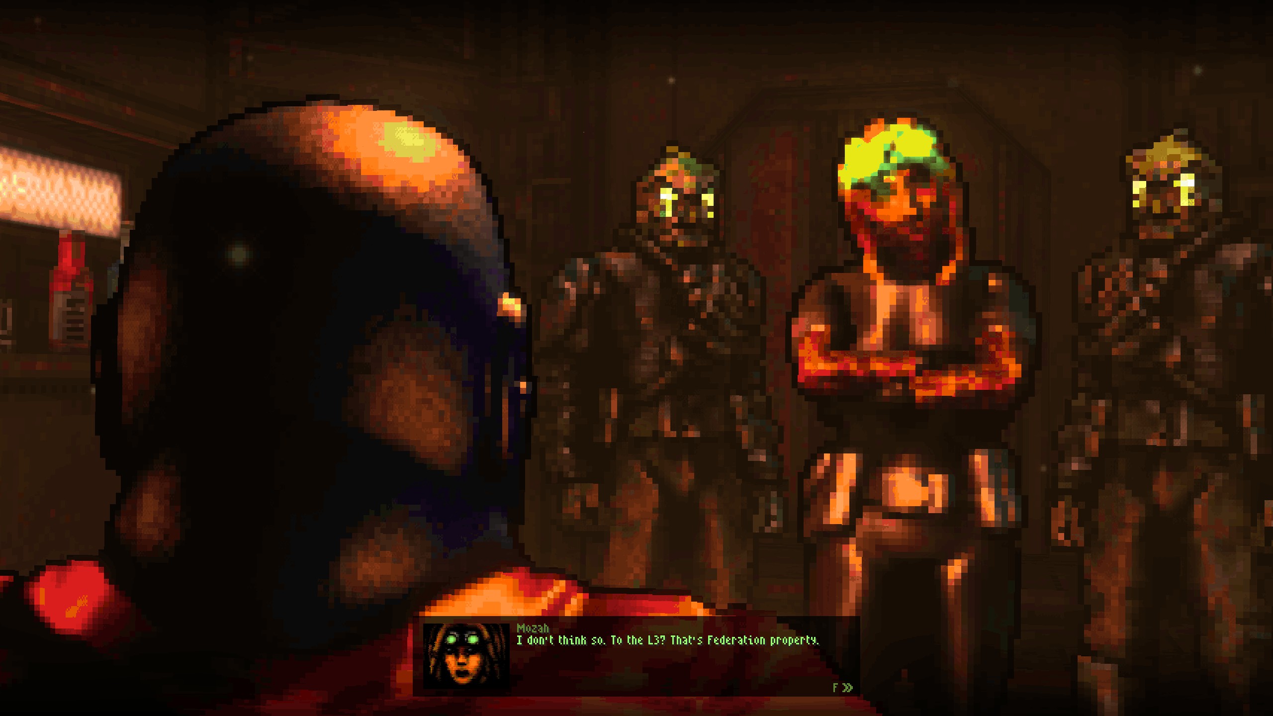 Star Wars-esque view of Mozah negotiating with client, surrounded by guards
