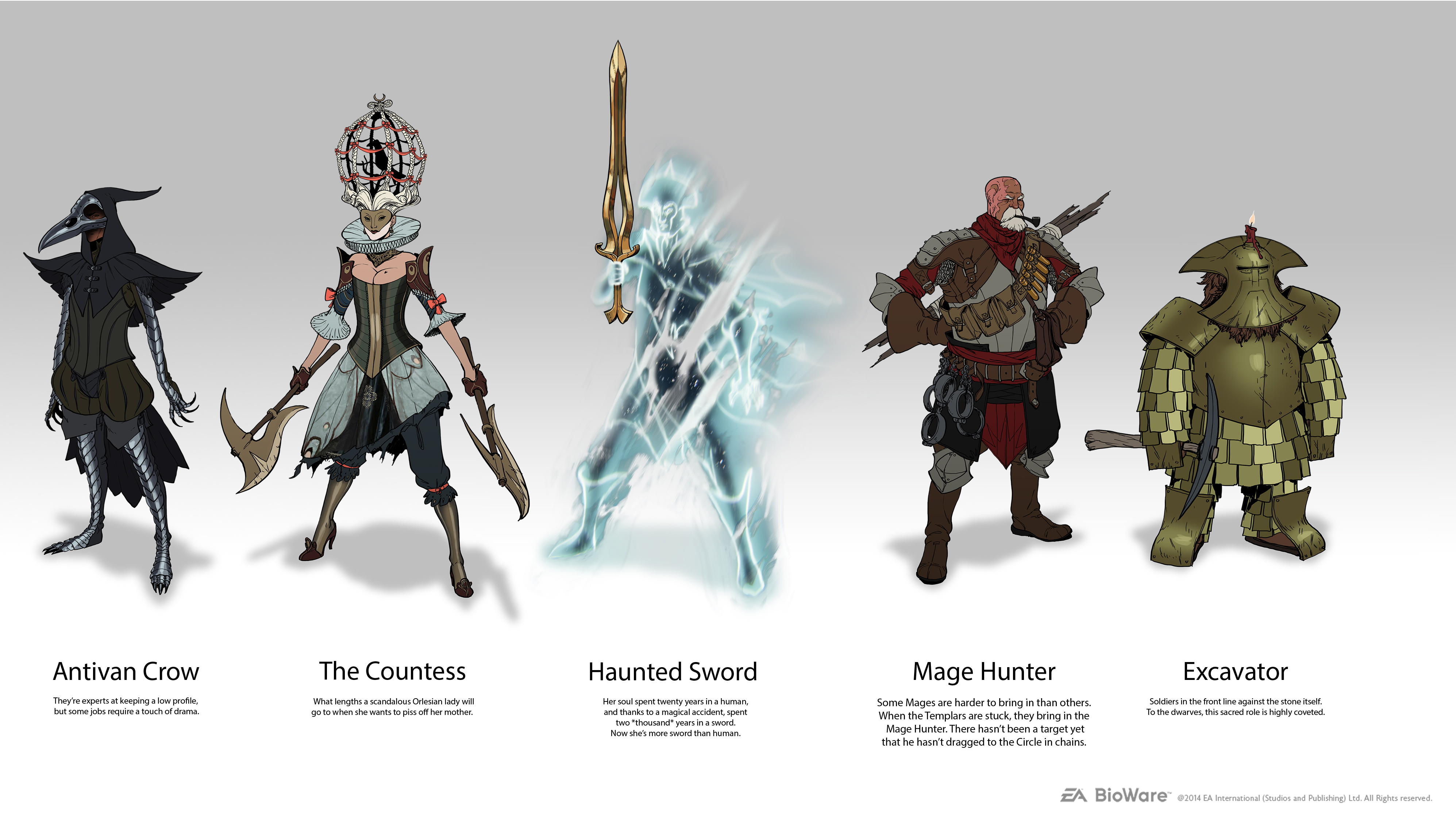 Dragon Age character concepts, including a spirit warrior and an Orlesian noblewoman-turned berserker