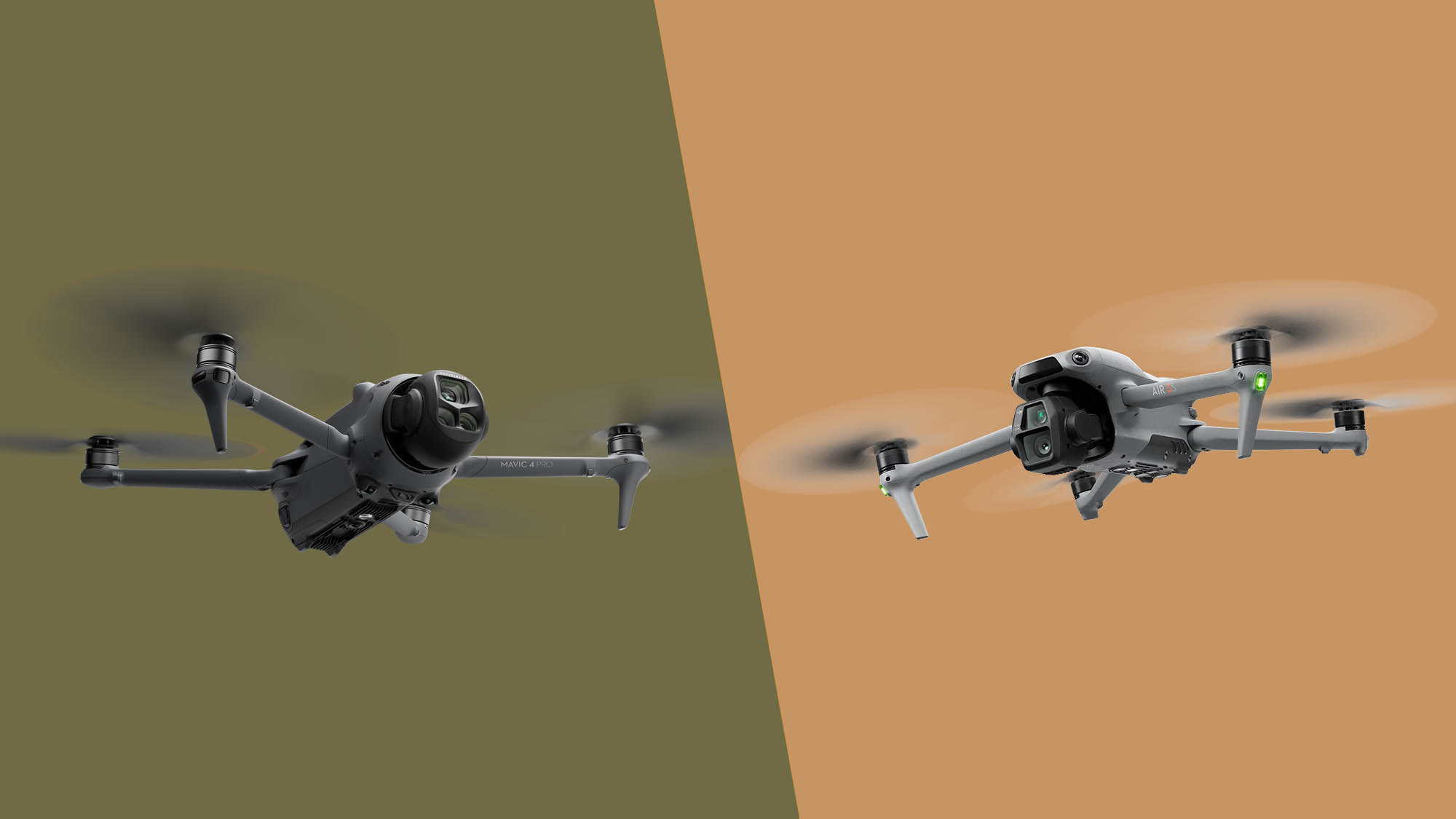 DJI Mavic 4 Pro alongside DJI Air 3S on split color backdrop