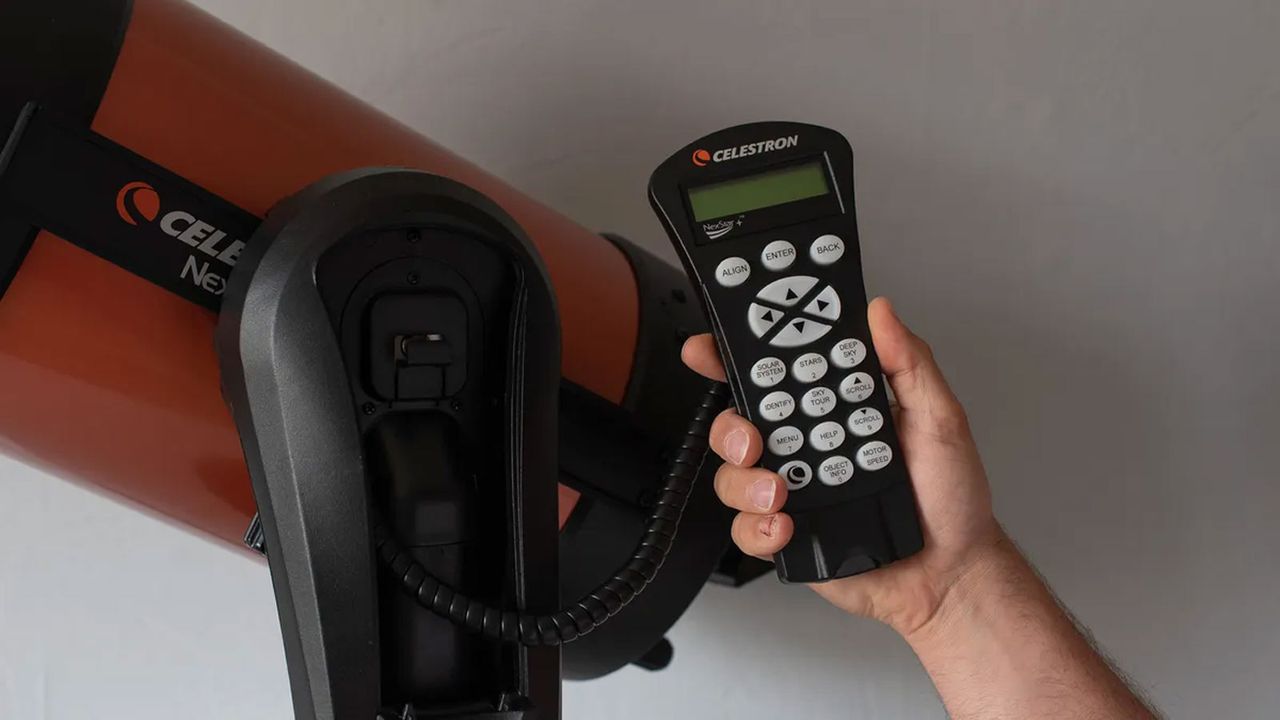 Close-up details of the Celestron NexStar 8 SE telescope and remote