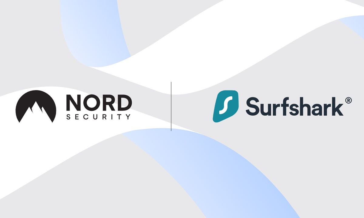 Nord Security and Surfshark logos on a grey and blue background