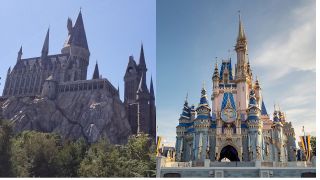 Hogwarts Castle at Universal's Islands of ADventure/ Cinderella's Castle at Disney World's Magic Kingdom