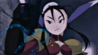 Screenshot from Breath of Fire 4's intro cutscene, showing a black haired anime girl in red armor frowning.