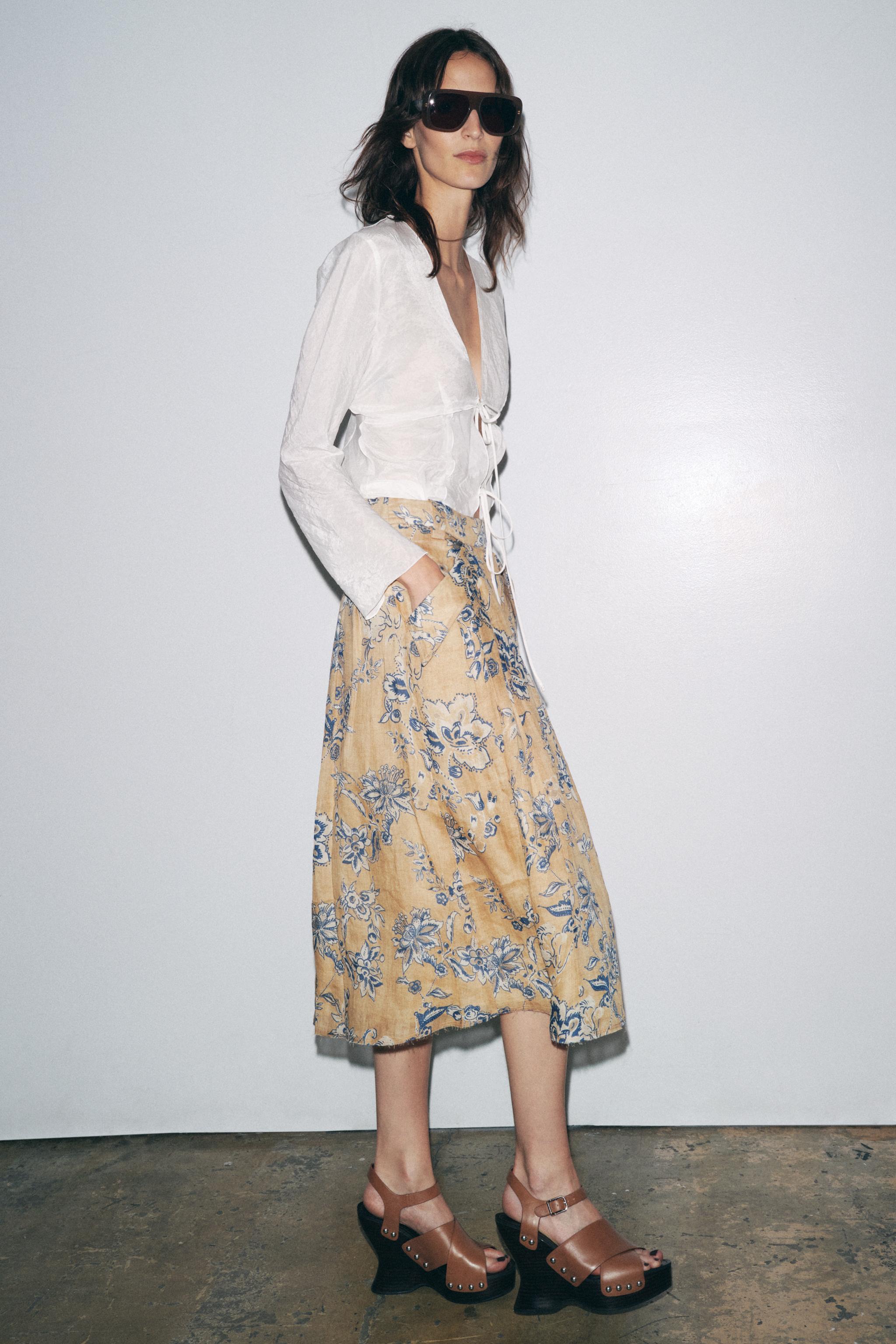 Zw Collection Ramie Floral Print Skirt