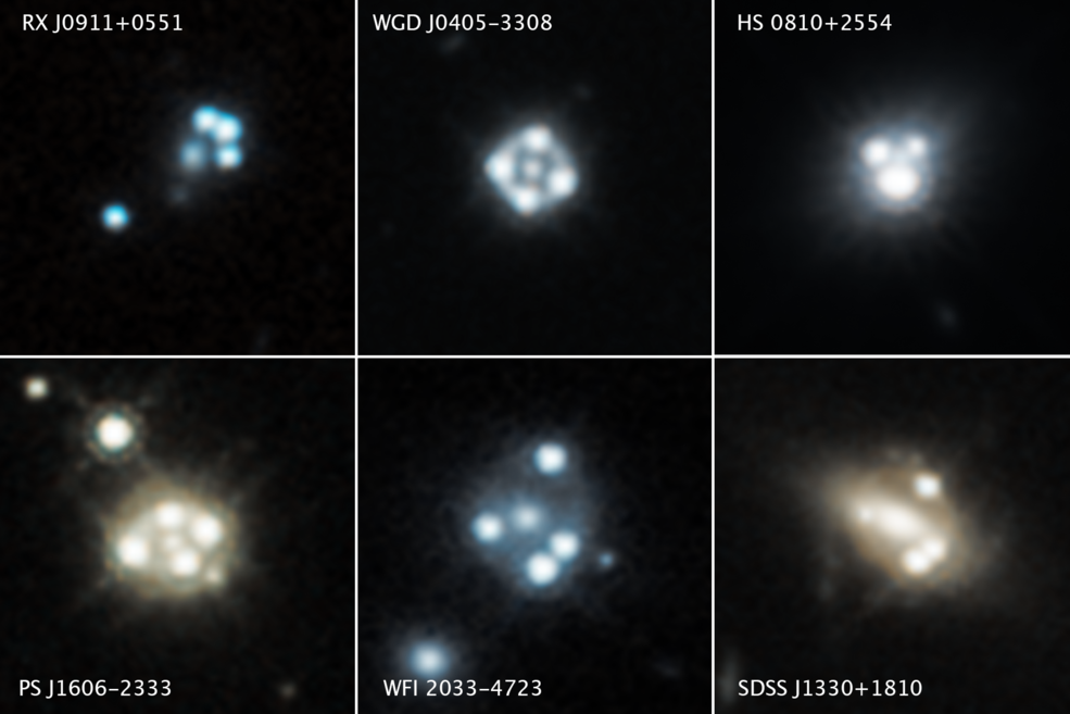 These Hubble Space Telescope images include reveals four distorted images of a background quasar and its host galaxy surrounding the central core of a foreground massive galaxy. Using the effects of gravity within this system, researchers were able to indirectly detect dark matter and find clumps of &quot;cold dark matter&quot; smaller than any similar clumps ever detected. 