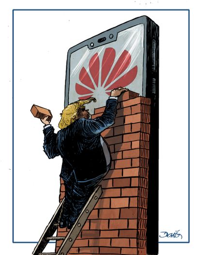Political Cartoon U.S. Trump Screen block Huawei china business screen lock