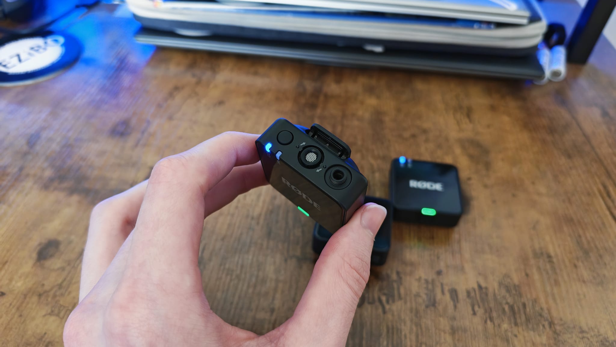 The top of one of the Rode Wireless Go Gen 3 microphones