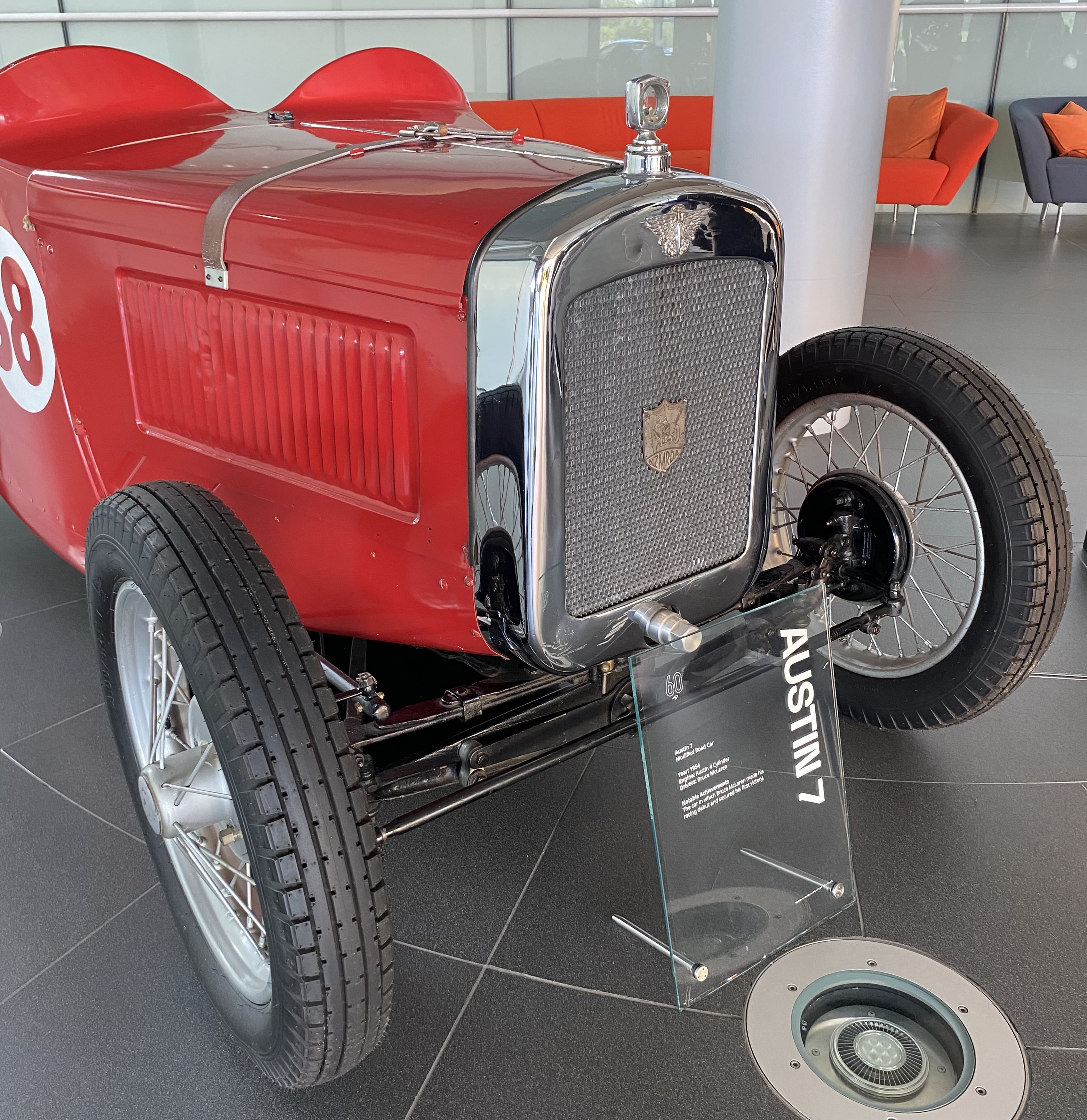 A photo of Bruce McLaren's 1929 Austin 7, stored at the McLaren Technology Centre in Surrey, England
