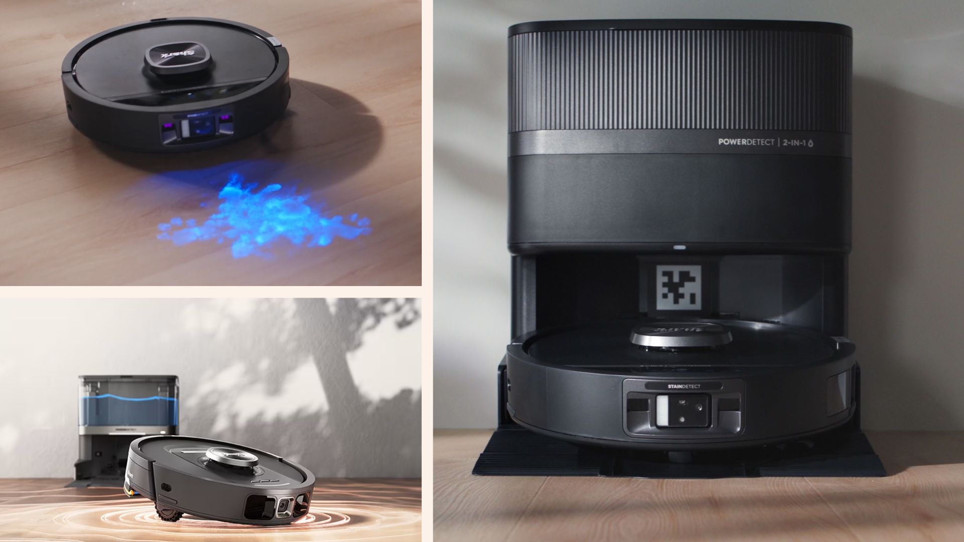 three images of the Shark PowerDetect UV Reveal 2-in-1 Robot Vacuum &amp; Mop being used