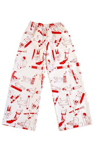 white and red patterned pants