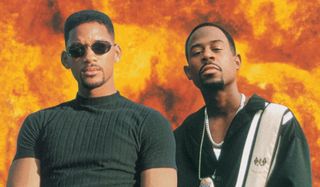 Bad Boys Will Smith and Martin Lawrence mug in front of fire