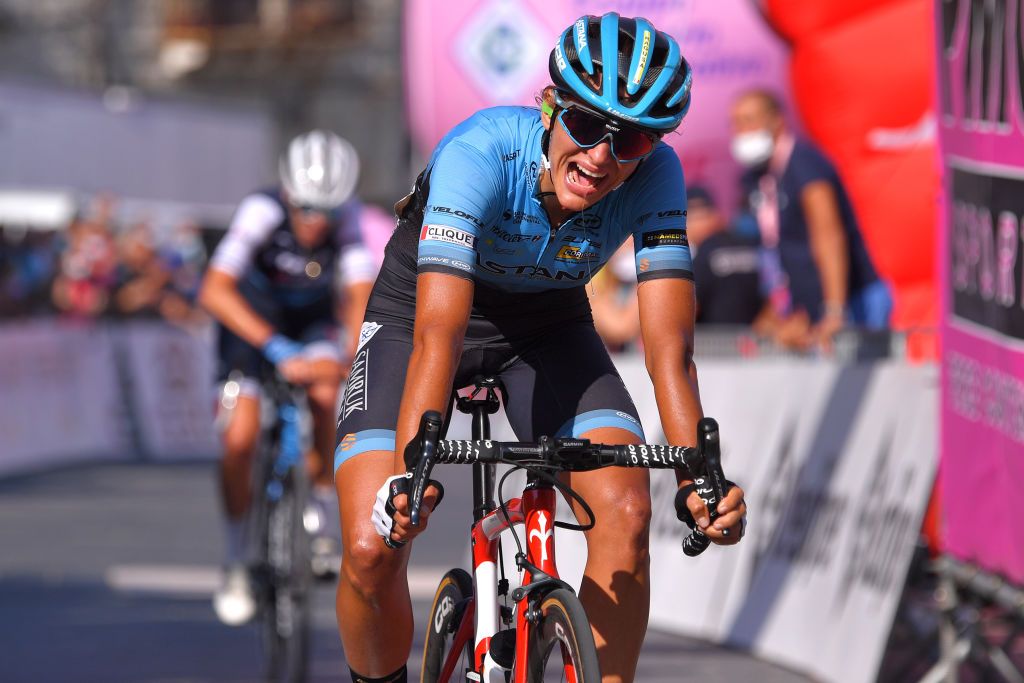 MOTTAMONTECORVINO ITALY SEPTEMBER 19 Arrival Katia Ragusa of Italy and Astana Womens Team during the 31st Giro dItalia Internazionale Femminile 2020 Stage 9 a 1099km stage from Motta Montecorvino to Motta Montecorvino 645m GiroRosaIccrea GiroRosa on September 19 2020 in Motta Montecorvino Italy Photo by Luc ClaessenGetty Images