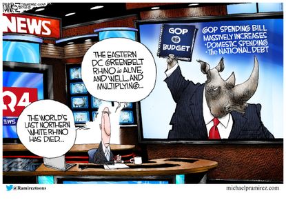 Political cartoon U.S. Northern White Rhino GOP spending bill national debt