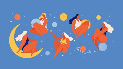 Set of people flying in space vector flat illustration. Collection of wom n holding planet with dream universe. Concept in flat graphic. Vector Illustration.