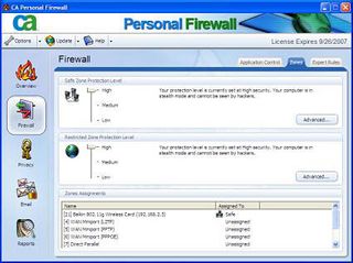 The firewall configuration window. Privacy issues such as cookie control, ad-blocker and mobile code can also be adjusted with simple sliders. The firewall also enables users to define which email attachments should be allowed through the firewall and whi