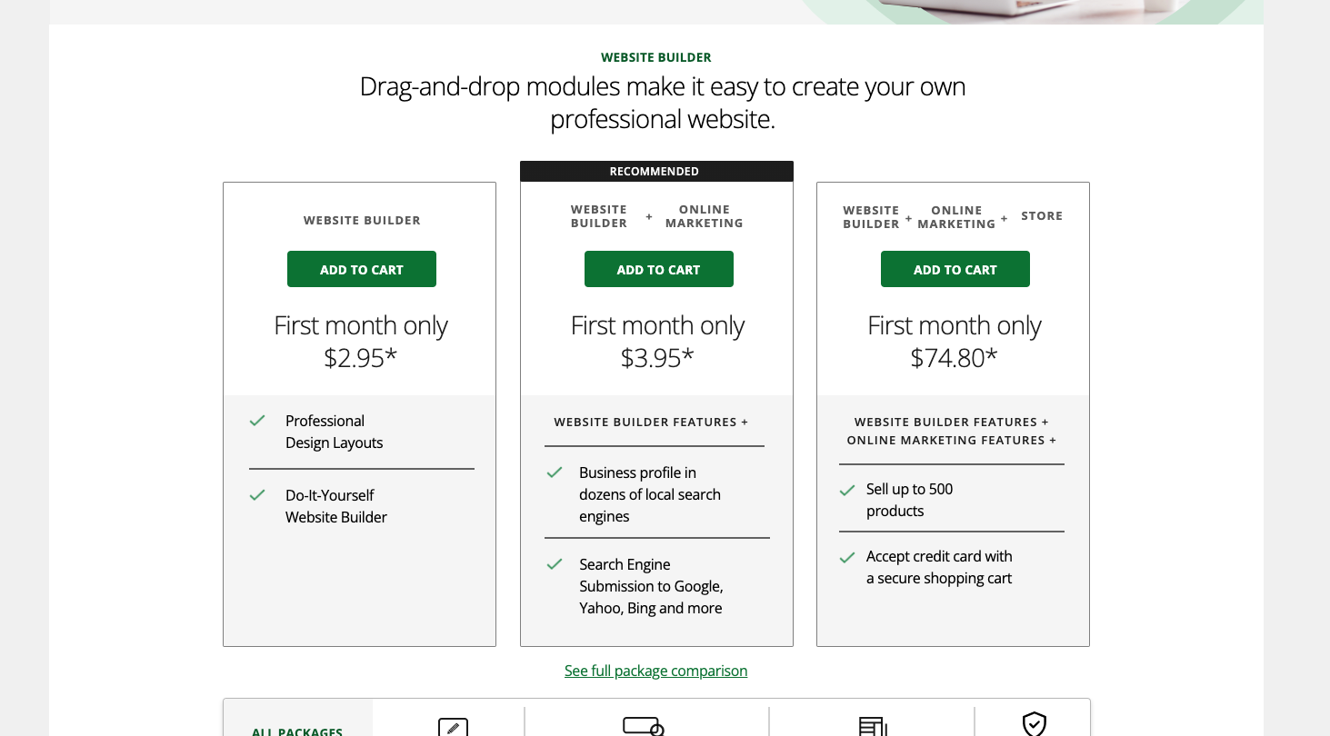 Screenshot of network solutions pricing