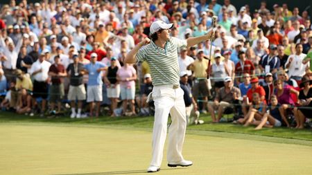 Rory McIlroy celebrates his victory at the Quail Hollow Championship on 2 May 2010