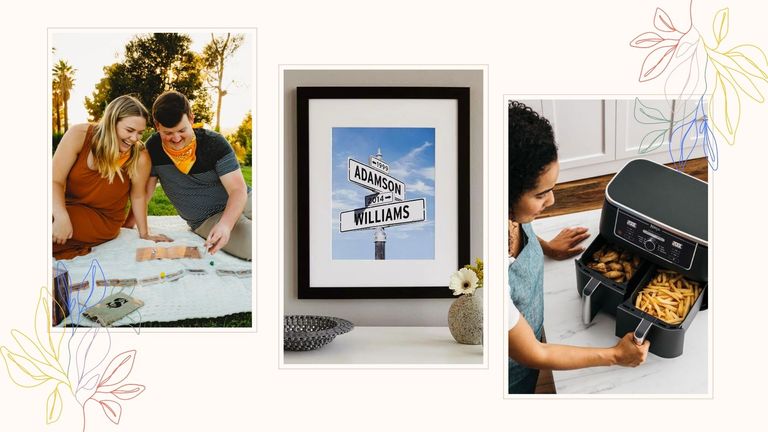 Unique wedding gift ideas collage, featuring a date night subscription box, custom intersection of love print, and a Foodi dual zone air fryer 