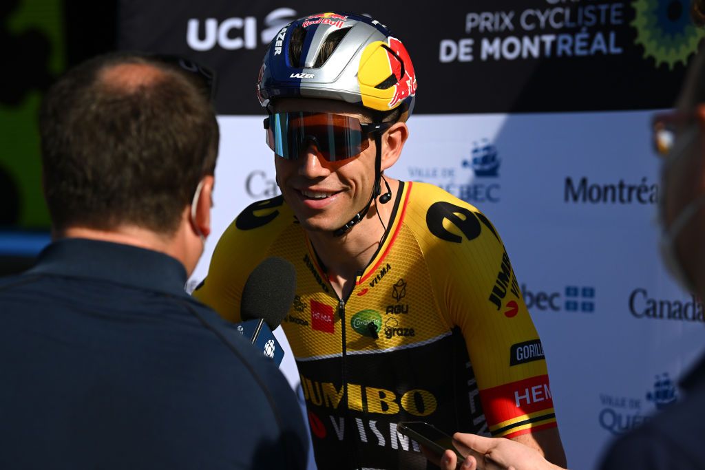  Wout Van Aert of Belgium and Team Jumbo Visma talks prior to the Grand Prix Cycliste de Montreal 2022 